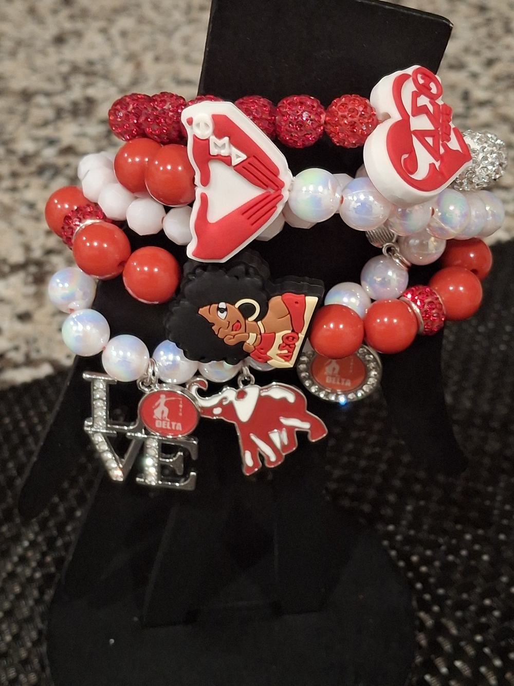 Red and White Beaded Charm Bracelet Stack - Delta Sigma Theta.